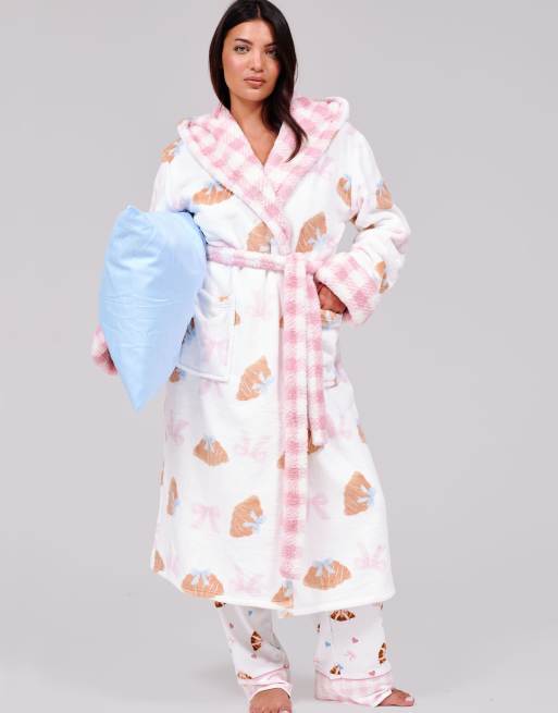 Loungeable Bow croissant luxury fleece midi hooded dressing gown in multi, 4 of 7