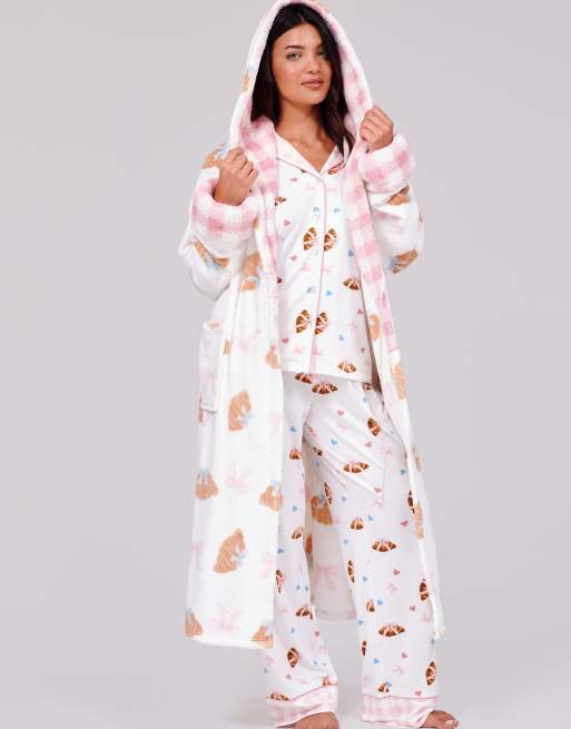 Loungeable Bow croissant luxury fleece midi hooded dressing gown in multi, 5 of 7