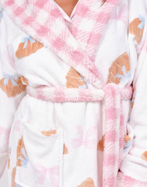 Loungeable Bow croissant luxury fleece midi hooded dressing gown in multi, 6 of 7