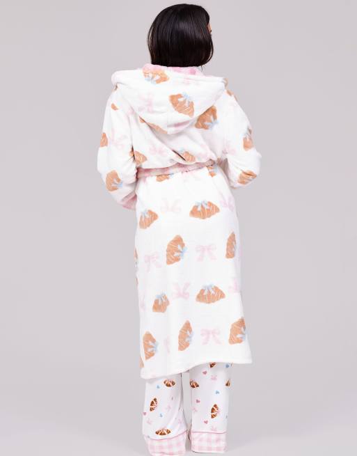 Loungeable Bow croissant luxury fleece midi hooded dressing gown in multi, 7 of 7
