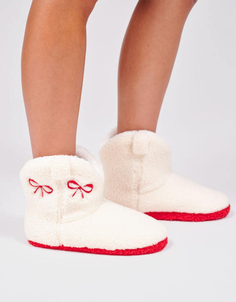 Loungeable Bow embroidered cowboy bootie slipper in cream - view 1