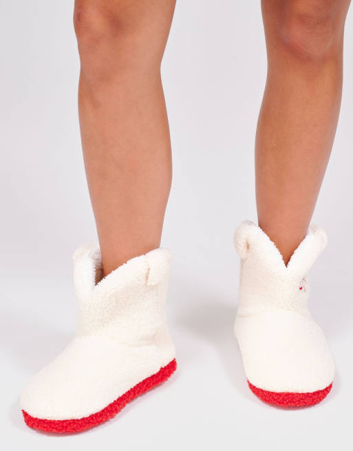 Loungeable Bow embroidered cowboy bootie slipper in cream, 3 of 4