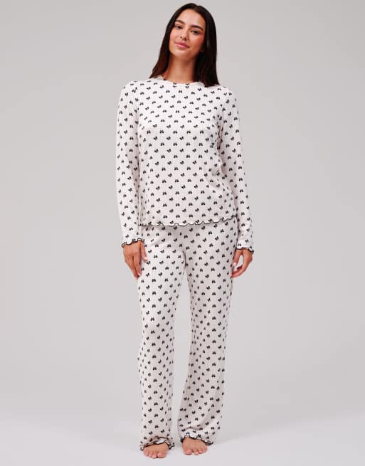 Loungeable Bow marl brushed knit round neck pyjama set in monochrome, 2 of 6