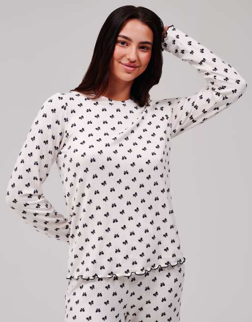 Loungeable Bow marl brushed knit round neck pyjama set in monochrome, 3 of 6