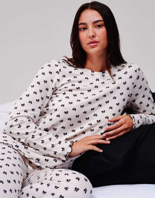Loungeable Bow marl brushed knit round neck pyjama set in monochrome, 5 of 6