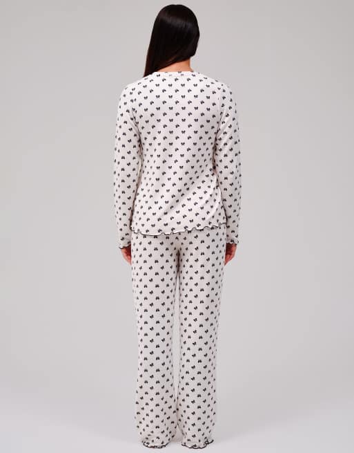Loungeable Bow marl brushed knit round neck pyjama set in monochrome, 6 of 6