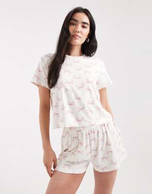 Loungeable Loungeable bow print t-shirt and short pyjama set in cream-White