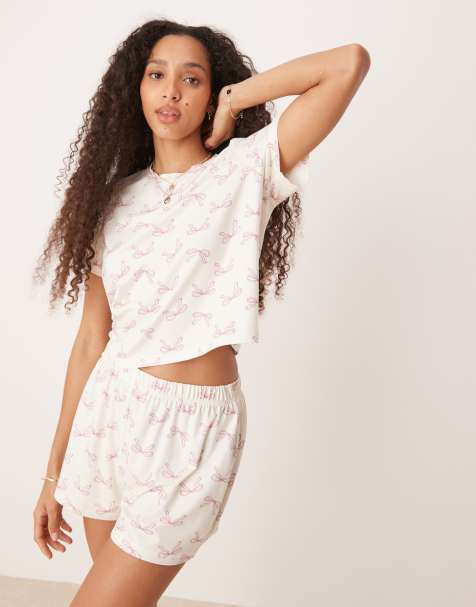 Loungeable bow print t-shirt and shorts pyjama set in cream - view 1