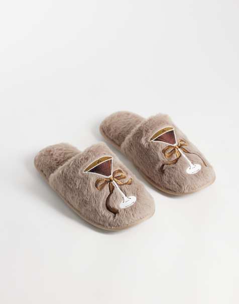 Loungeable broderade fluffiga tofflor med rosett i brun espresso martini - view 1