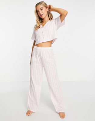 Loungeable broderie cropped revere top and relaxed trouser pyjama set in blush
