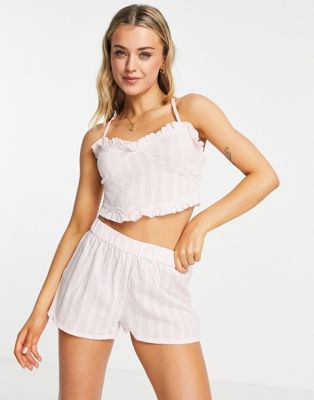 Loungeable broderie cropped tie back cami top and short pyjama set in blush
