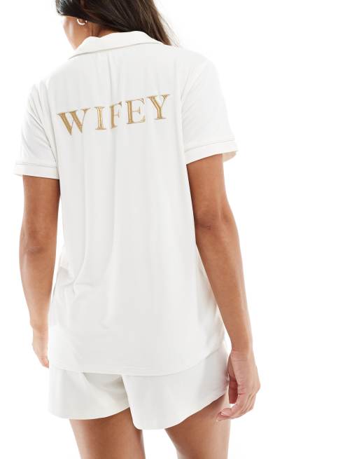 Loungeable - Bruidskleding - Set van jersey overhemd met korte mouwen en short in ivoorwit