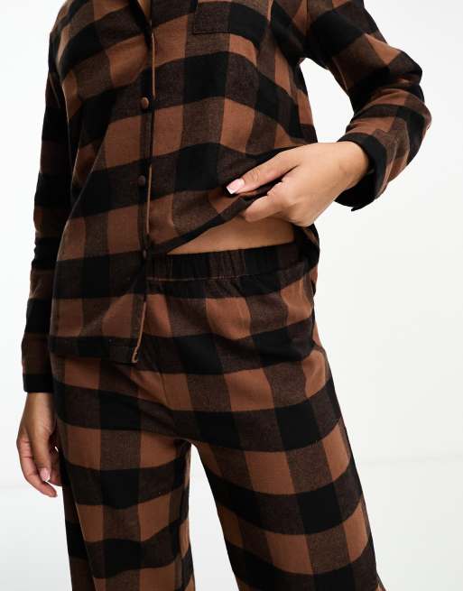 Loungeable brushed cotton long sleeve buttoned pajama pants set in