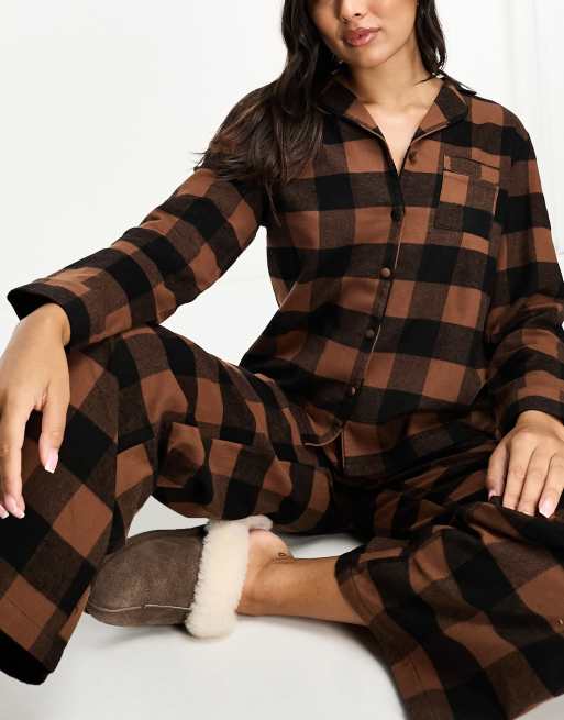 Loungeable brushed cotton long sleeve buttoned pajama pants set in checked  chocolate brown