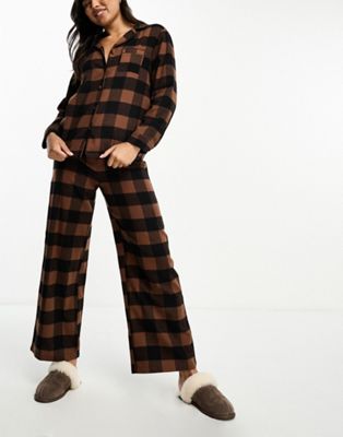 Loungeable brushed cotton long sleeve buttoned pyjama trouser set in checked chocolate brown