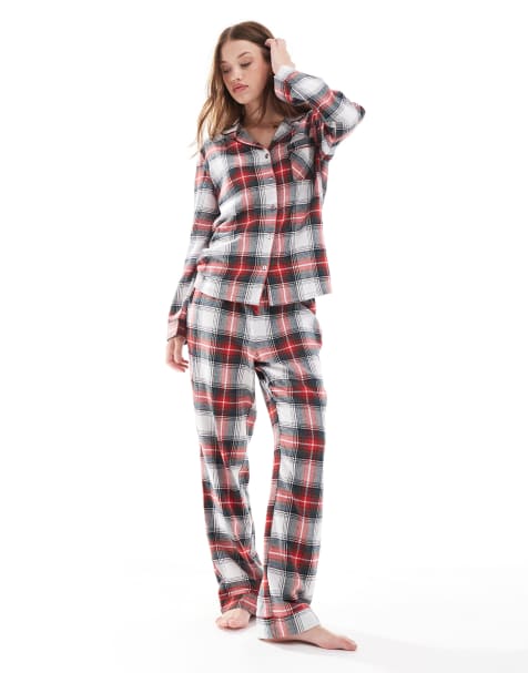 Loungeable brushed long sleeve buttoned pajama pants set in check print - view 1