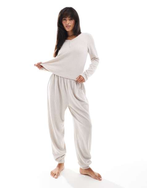 Loungeable Brushed rib henley top and jogger set in oatmeal - view 1