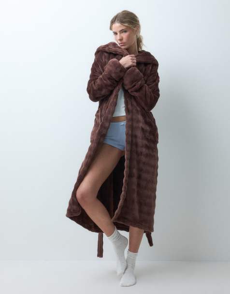 Loungeable bubble cut fleece hooded midi dressing gown in chocolate brown - view 1