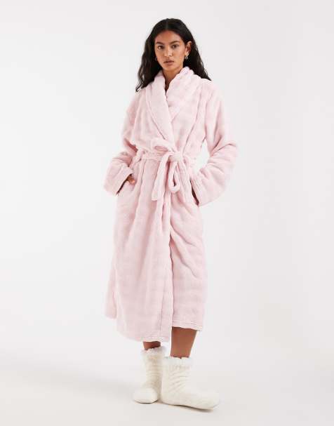 Loungeable bubble cut fleece shawl collar midi robe in pink - view 1