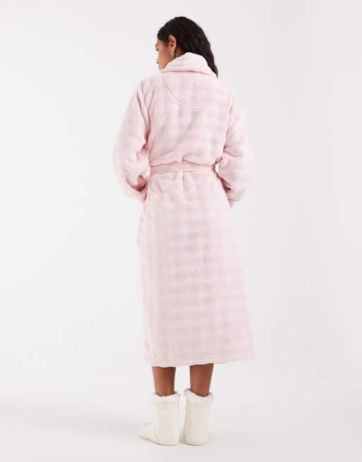 Loungeable bubble cut fleece shawl collar midi robe in pink, 3 of 4