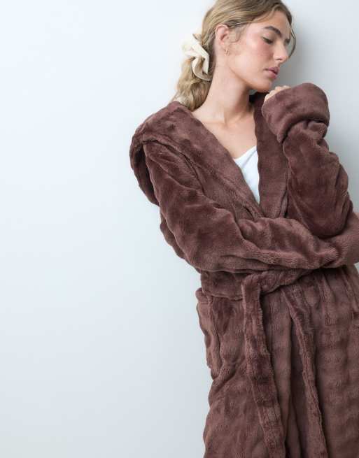 Loungeable bubble cut hooded fleece midi length robe in chocolate brown, 4 of 4