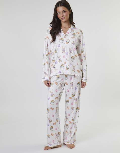 Loungeable Bunny printed jersey long sleeve and trouser set in multi - view 1