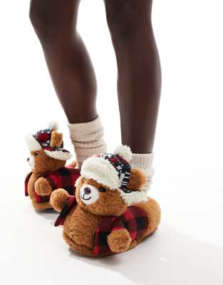 Loungeable - Bunte, witzige Hausschuhe mit Trucker-Teddybär-Design-Braun