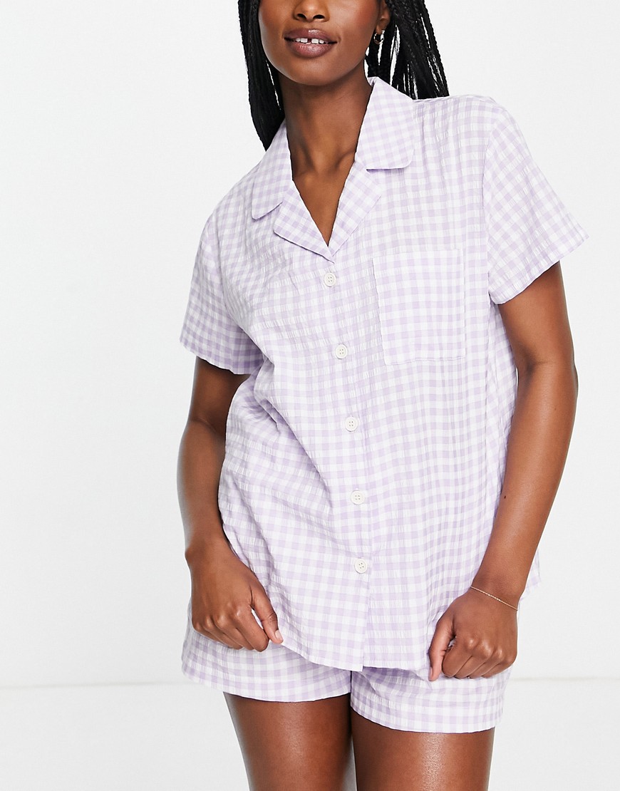 Loungeable button up short pajama set in lilac gingham plaid-Purple