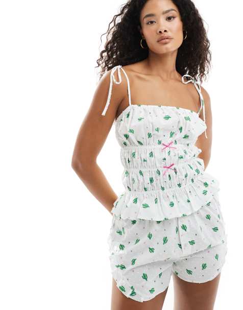 Loungeable Cactus printed dobby tie shoulder cami and ruffle short in white - view 1