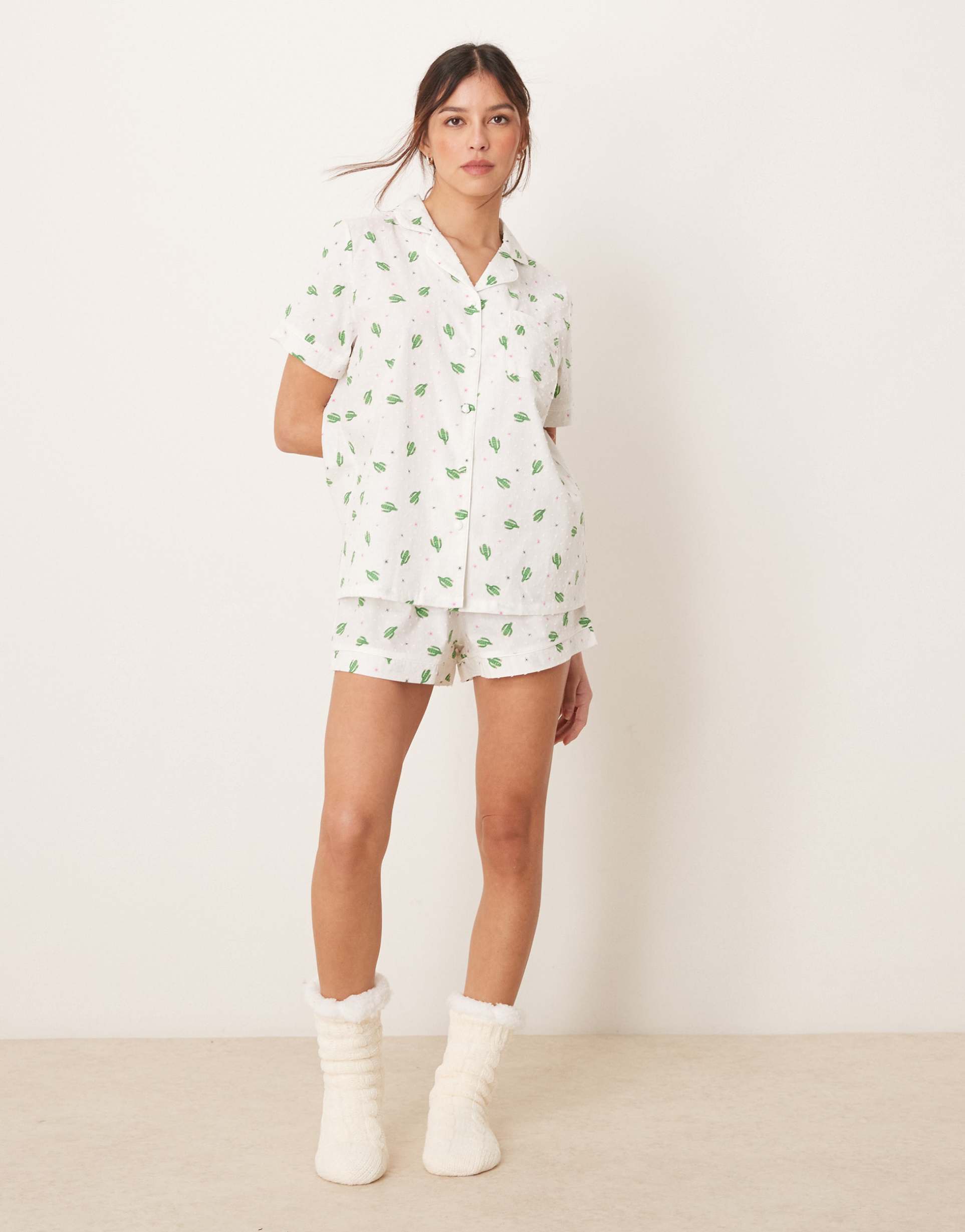 loungeable cactus printed woven textured short sleeve shirt & shorts pajama set