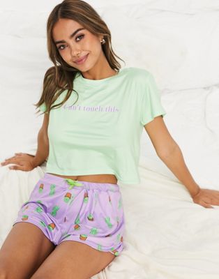 Loungeable cactus short pyjama set in green and purple