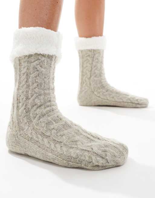 Loungeable - Calzini in ciniglia beige mélange a trecce con fodera in pile borg , 2 di 4