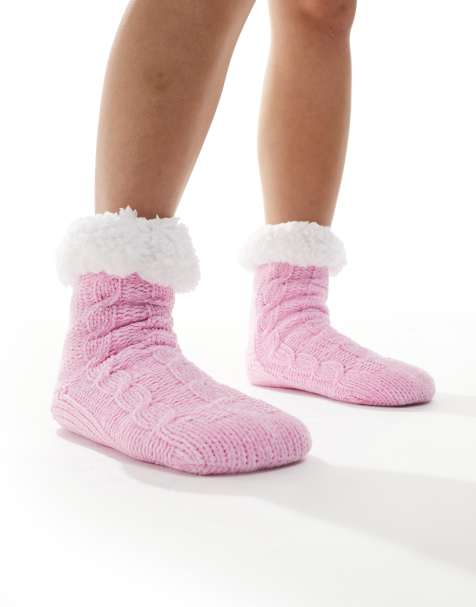 Loungeable - Calzini stile pantofola in ciniglia lavorata a maglia a trecce color rosa caramella con fodera in pile - view 1