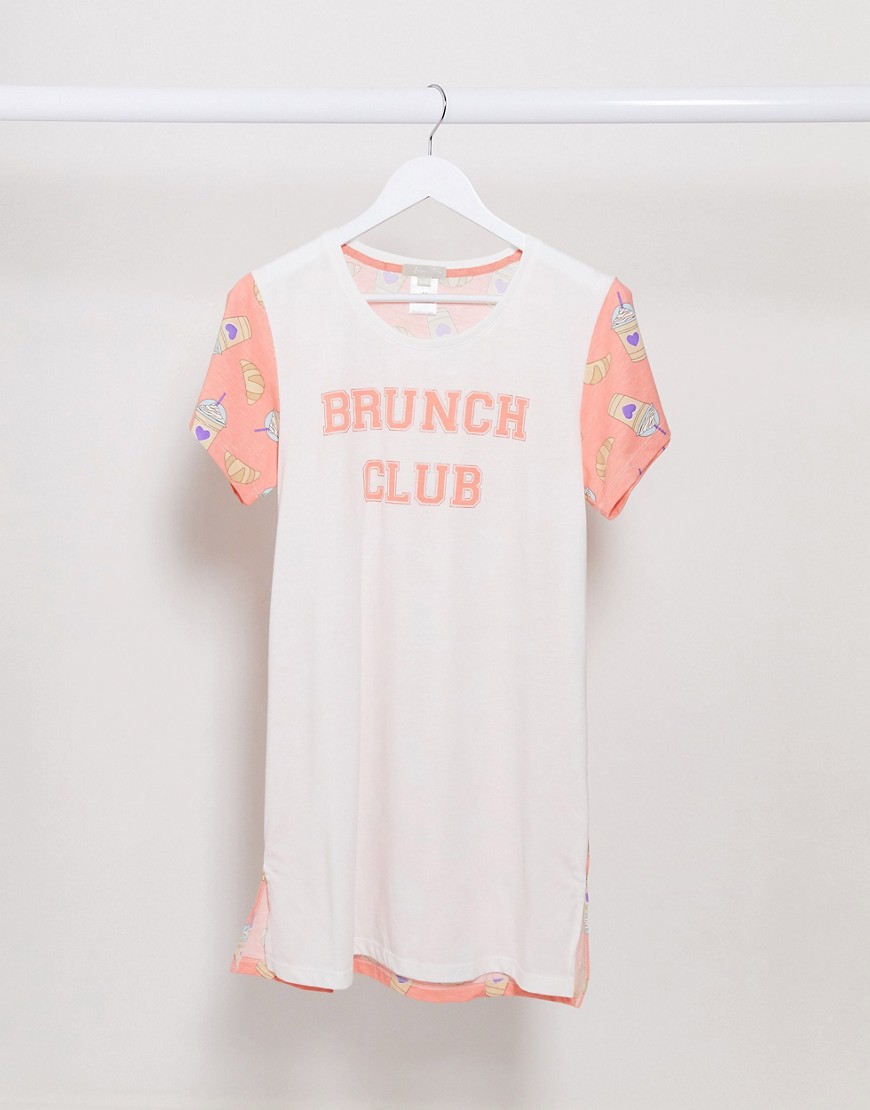 Loungeable - Camicia da notte con scritta brunch club-Bianco