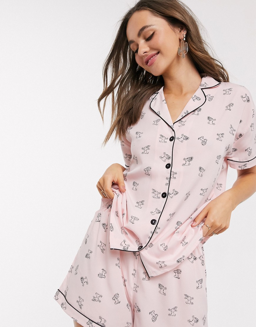 Loungeable - Camicia del pigiama in crêpe di poliestere con cagnolini-Rosa
