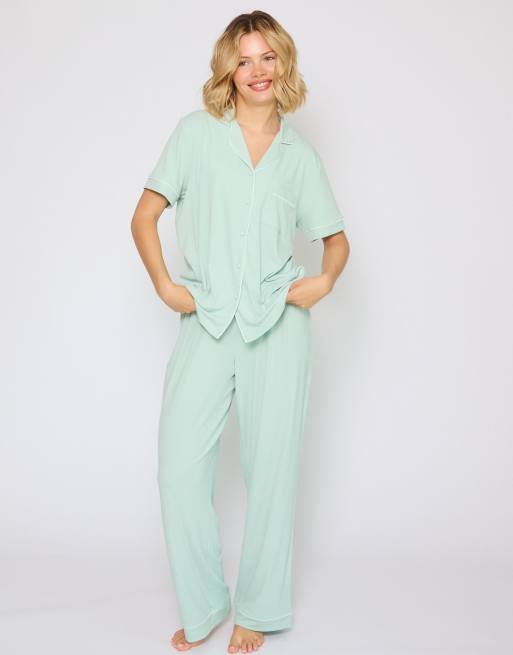 Loungeable camicia tradizionale a coste a maniche corte e pigiama lungo verde, 4 di 4