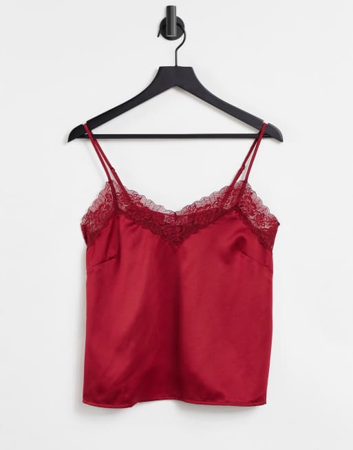 Loungeable – Camisole-Oberteil aus Satin und Spitze in Burgunderrot