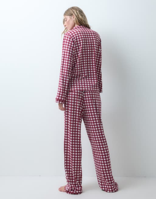Loungeable camp collar button up shirt and pants pajama set in berry gingham print, 4 of 4