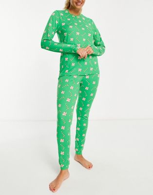 Loungeable candy cane printed long sleeve pyjama set in green
