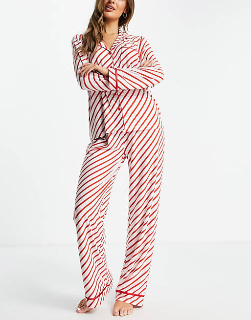 Loungeable candy cane stripe pajama set in in red and white | ASOS