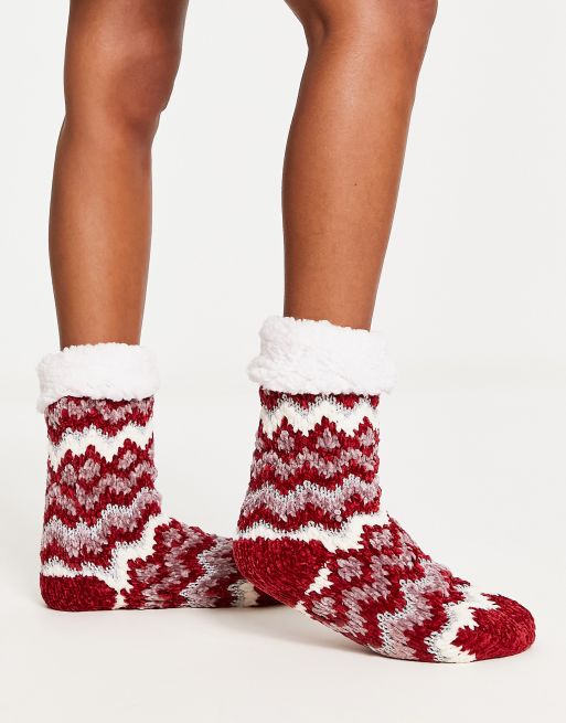 Loungeable - Chaussettes duveteuses de Noël motif zigzags - Rouge