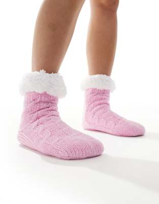Loungeable - Chaussons chaussettes en maille torsadée avec doublure en sherpa - Rose bonbon