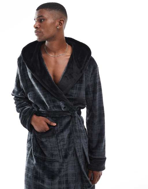 Loungeable Check fleece hooded robe in black