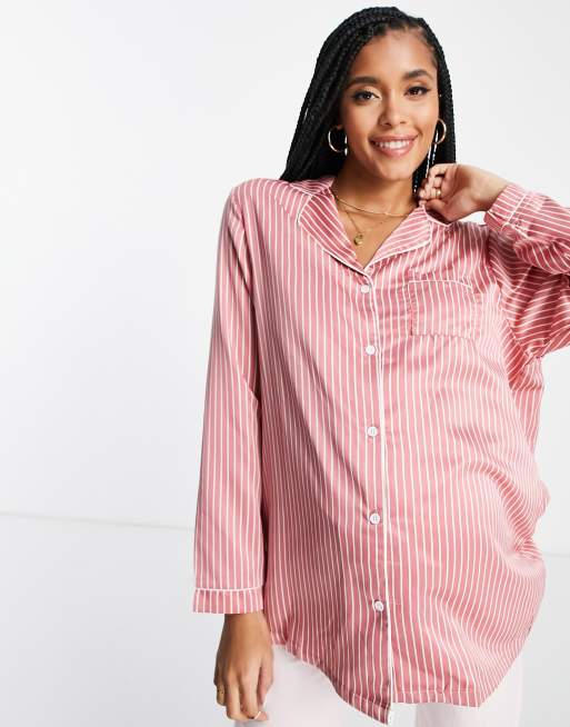 Loungeable Chemise de pyjama d ensemble de maternite en satin a fines rayures Rose fonce et creme ASOS