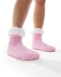 [Loungeable] Loungeable chenille cable knit slipper socks with sherpa lining in candy pink One Size PINK
