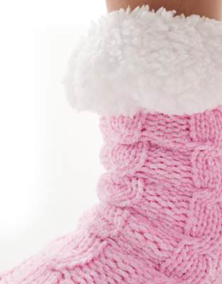 Loungeable Chenille Cable Knit Slipper Socks With Sherpa Lining In Pink
