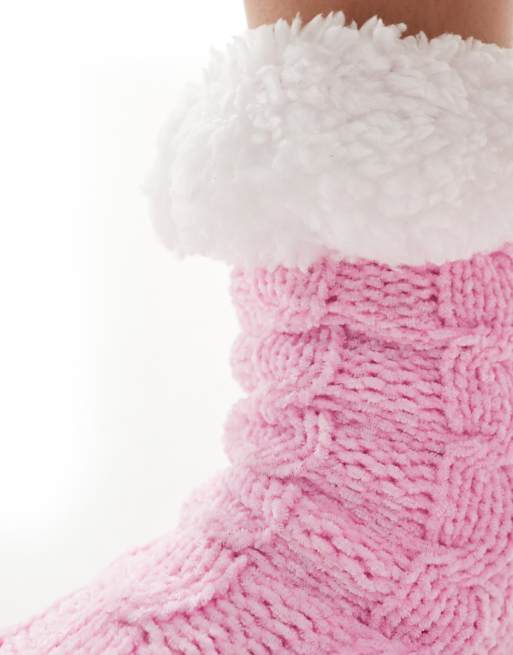 Loungeable chenille cable knit slipper socks with sherpa lining in candy pink, 2 of 3