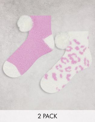 Loungeable 2 pack fluffy socks in white and lilac animal print