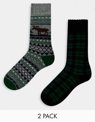 Loungeable Christmas 2 pack socks in navy and grey fairisle and check