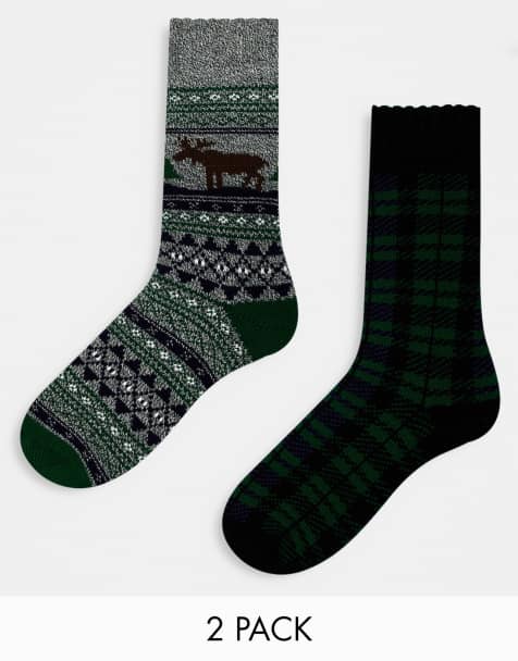 Loungeable Christmas 2 pack socks in navy and grey fairisle and check - view 1